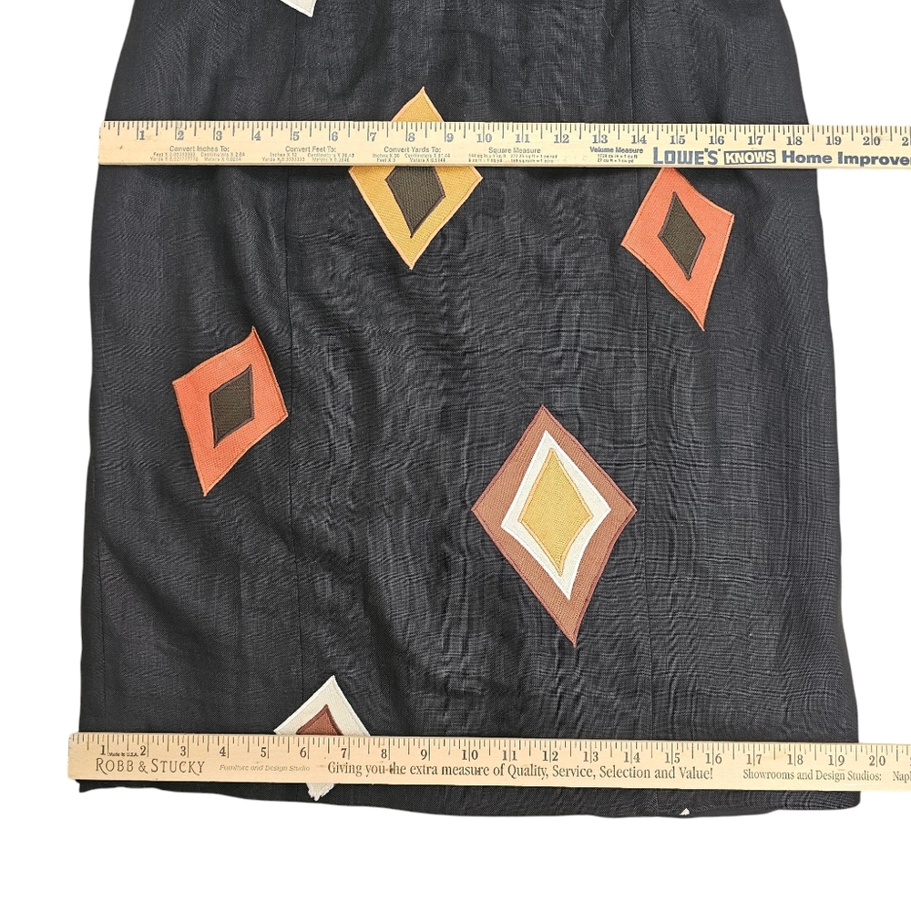 Andrea Jovine Vintage Black Linen Diamond Patch Sleeveless Sheath Dress Size 12 - Picture 6 of 10